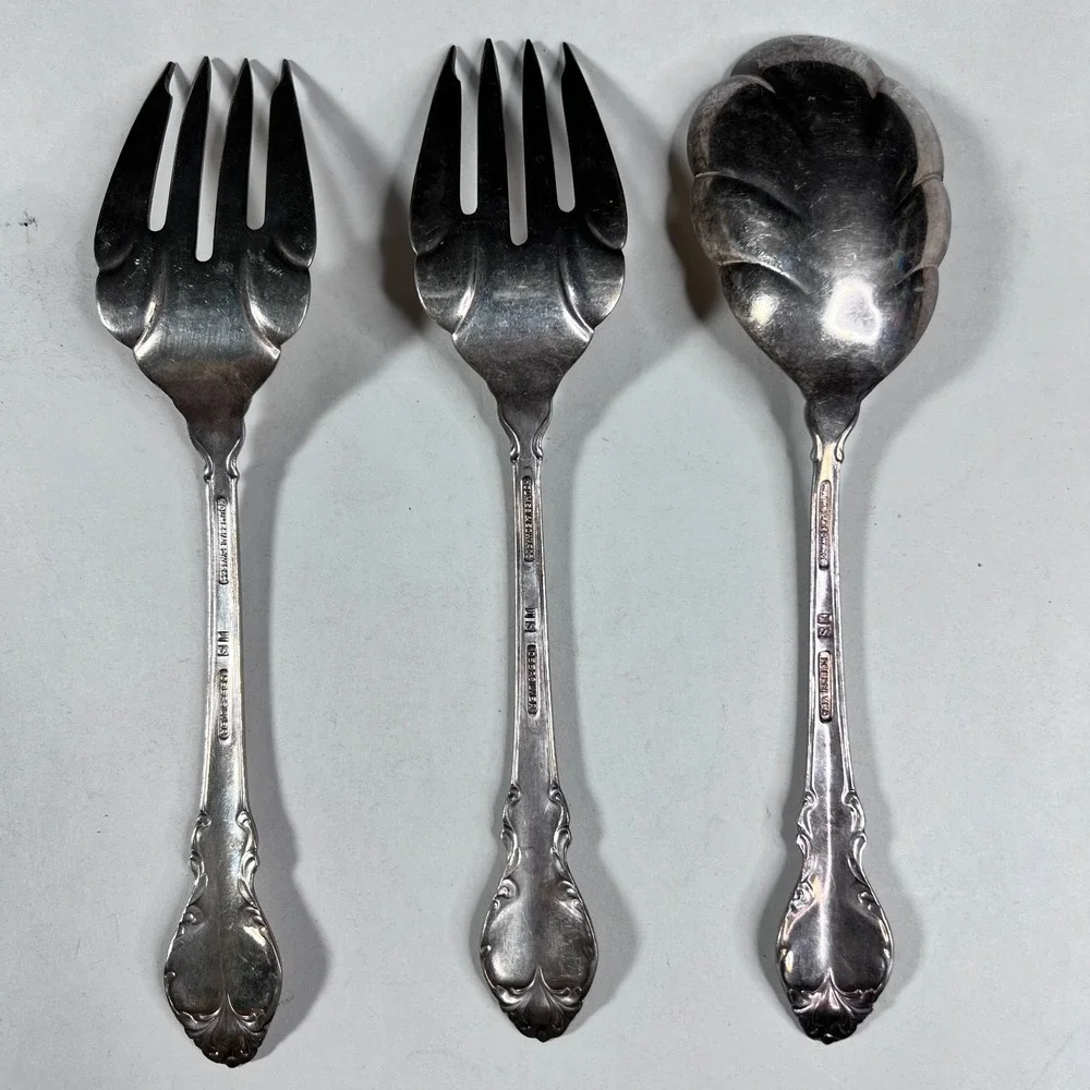 Holmes & Edwards I S Deep Silver Plated Serving Set of 3 Spoon Forks Scalloped